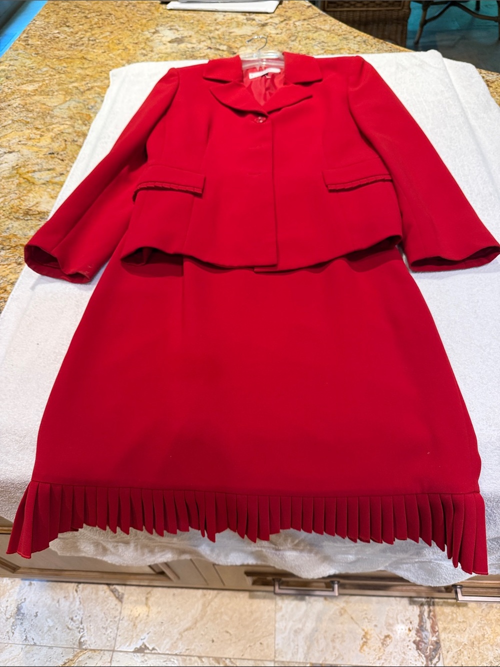 Le Suit Vibrant Red Pleated-Hem Skirt Suit